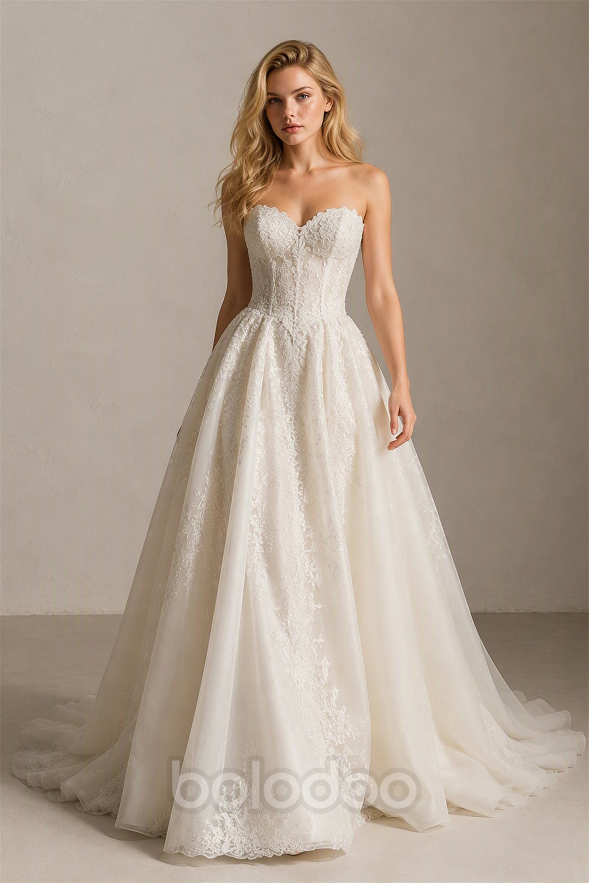 BOLODOO Ivory Lace Strapless Sweetheart A-Line Wedding Ball Gown - Back View with Sweep Train | BOLODOO watermark