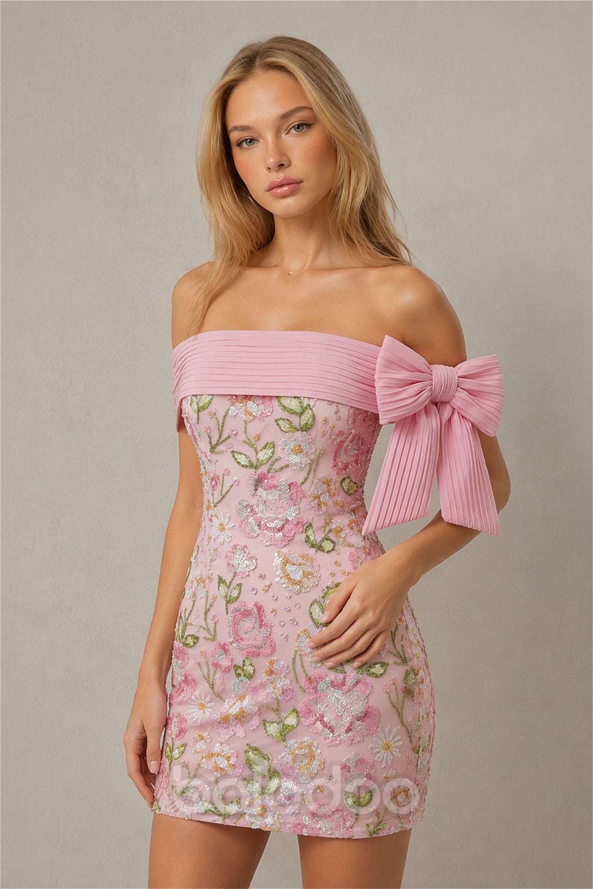 BOLODOO Pink Floral Embroidered Sequin Off-Shoulder Mini Dress with Bow - Front View Full Length | BOLODOO watermark