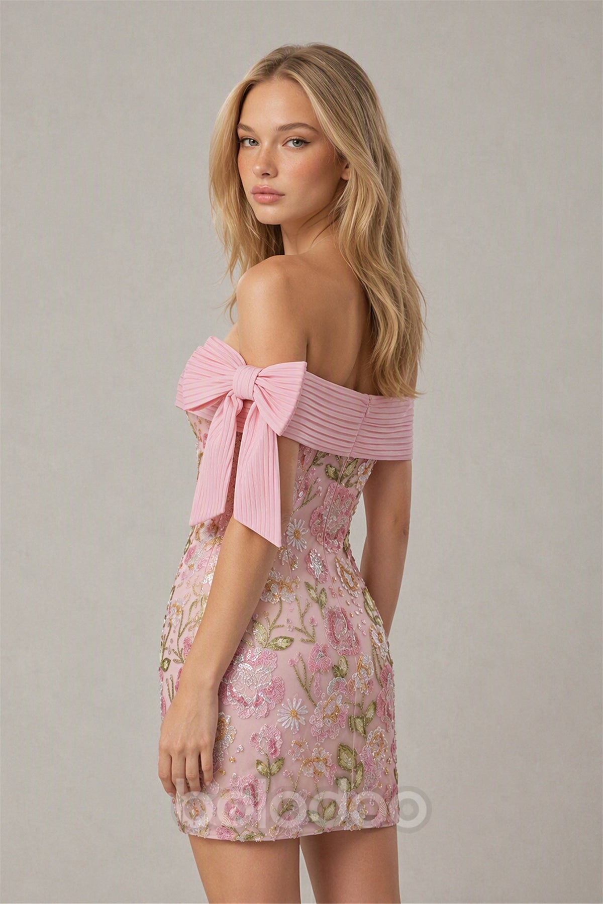 BOLODOO Pink Floral Embroidered Sequin Off-Shoulder Mini Dress with Bow - Three-Quarter Front View | BOLODOO watermark