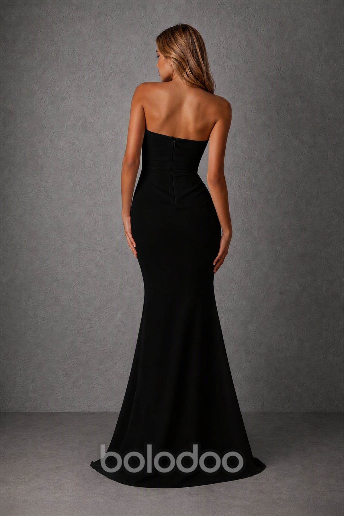 BOLODOO Black Strapless Sweetheart Ruched Mermaid Gown | Cascade Drape Formal Evening Dress - Black | BOLODOO watermark