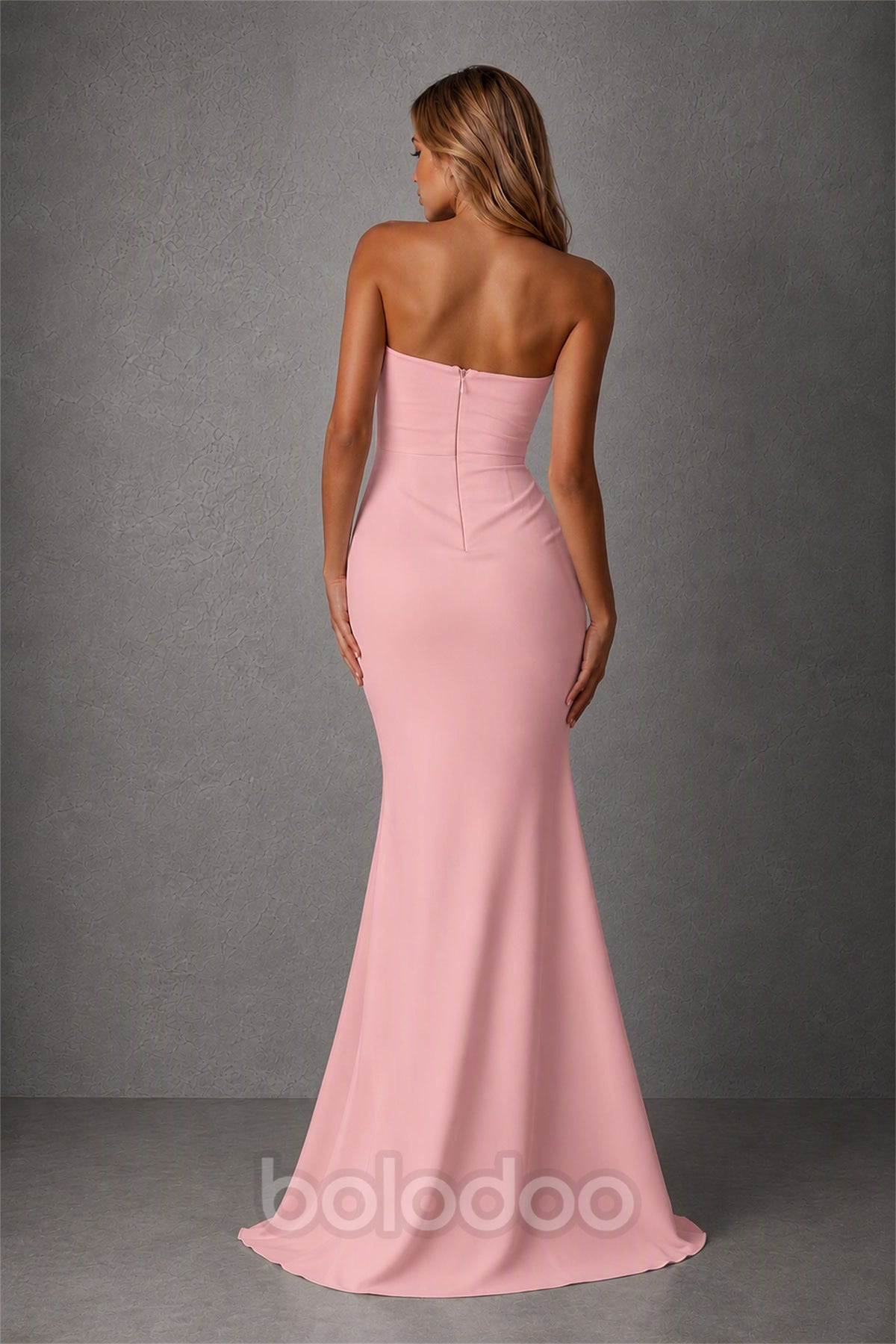BOLODOO Blush Pink Strapless Sweetheart Ruched Mermaid Gown | Cascade Drape Formal Evening Dress - Blush Pink | BOLODOO watermark