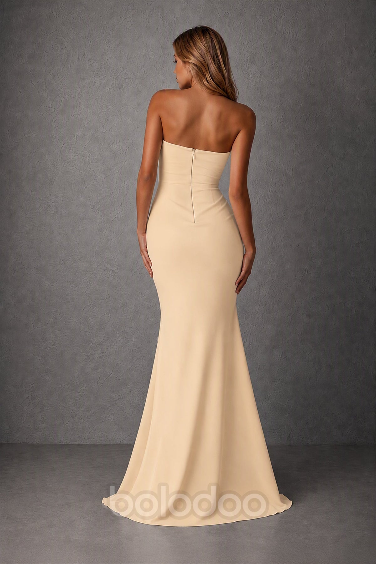 BOLODOO Champagne Strapless Sweetheart Ruched Mermaid Gown | Cascade Drape Formal Evening Dress - Champagne | BOLODOO watermark