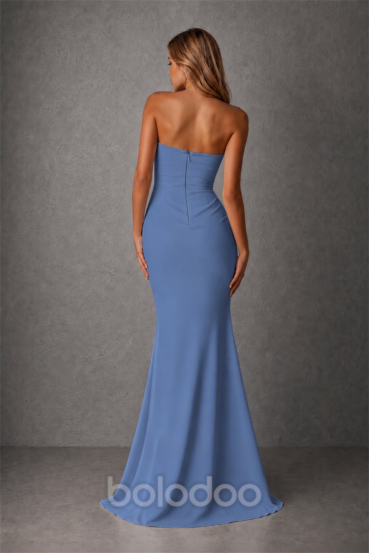 BOLODOO Dusty Blue Strapless Sweetheart Ruched Mermaid Gown | Cascade Drape Formal Evening Dress - Dusty Blue | BOLODOO watermark