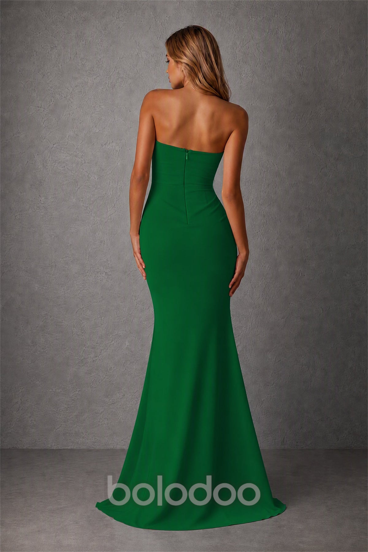 BOLODOO Emerald Green Strapless Sweetheart Ruched Mermaid Gown | Cascade Drape Formal Evening Dress - Emerald Green | BOLODOO watermark
