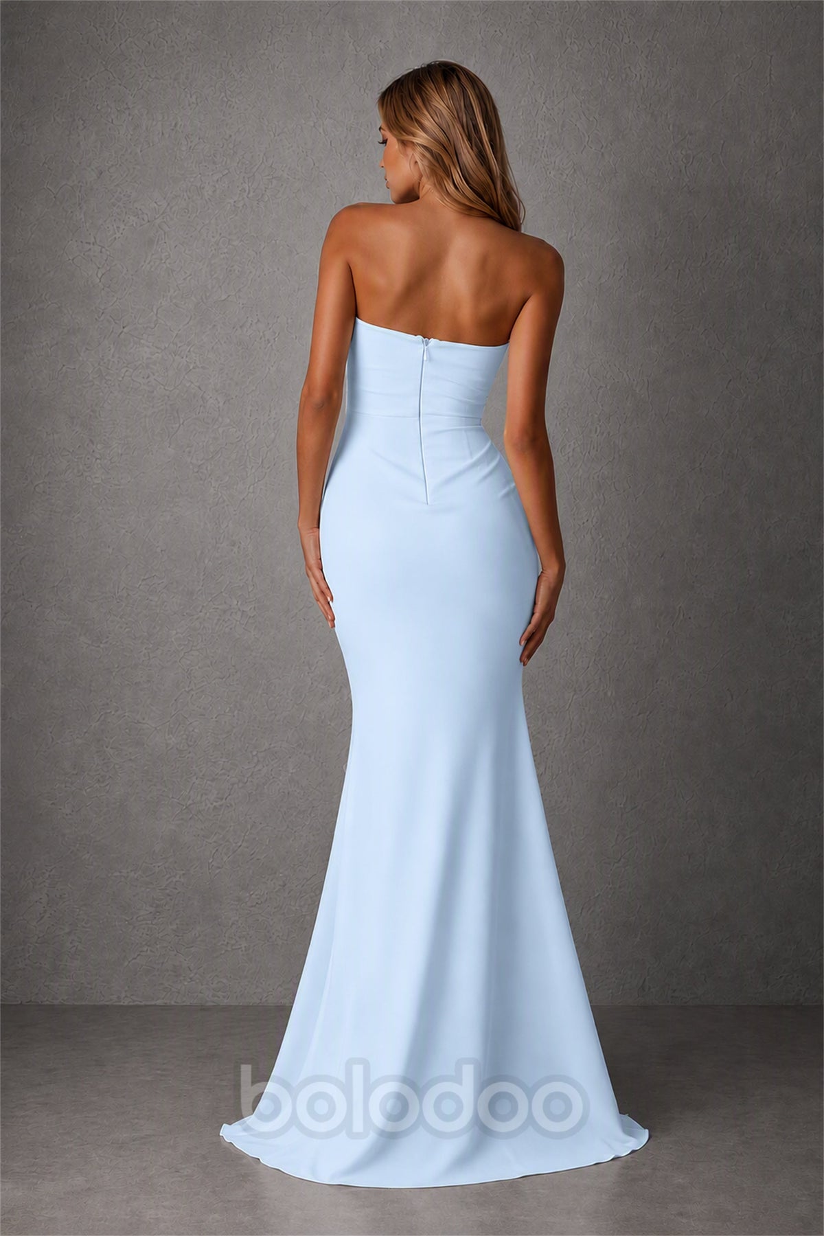BOLODOO Light Blue Strapless Sweetheart Ruched Mermaid Gown | Cascade Drape Formal Evening Dress - Light Blue | BOLODOO watermark