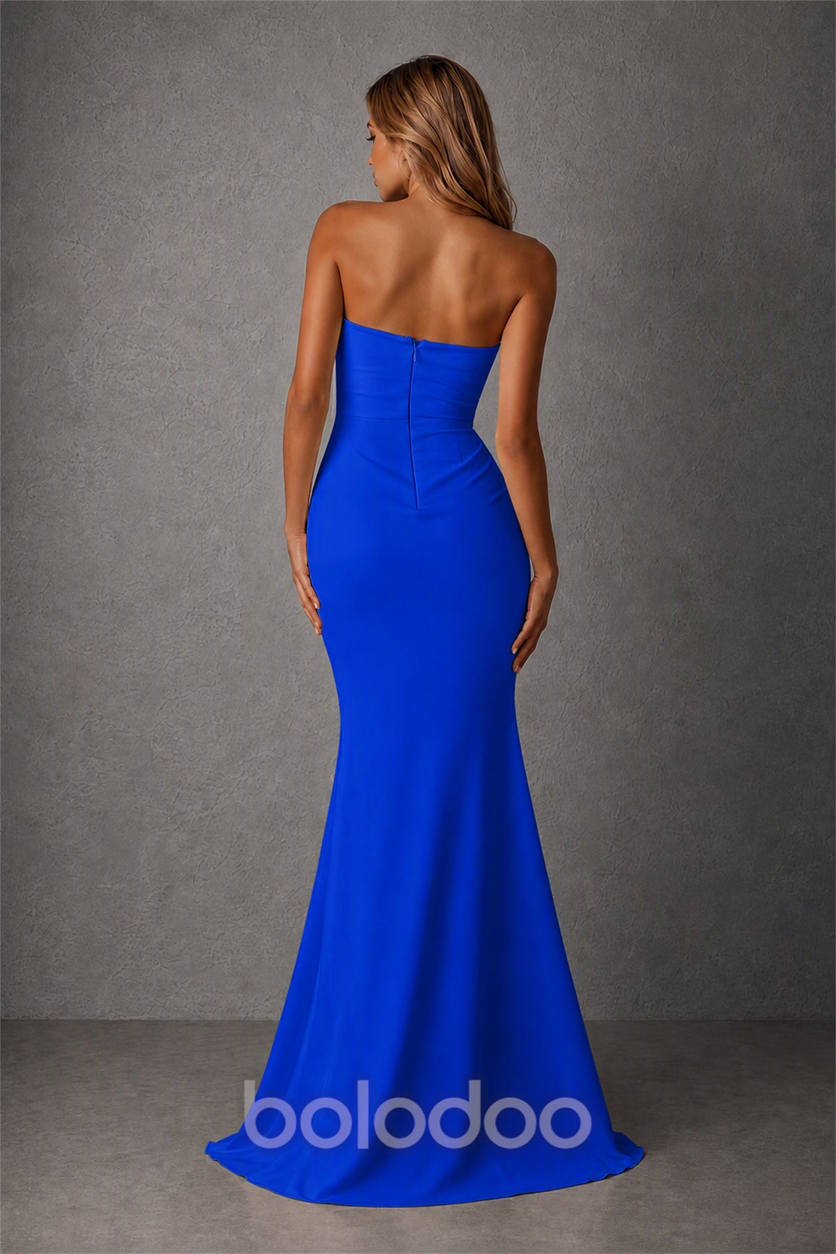 BOLODOO Royal Blue Strapless Sweetheart Ruched Mermaid Gown | Cascade Drape Formal Evening Dress - Royal Blue | BOLODOO watermark