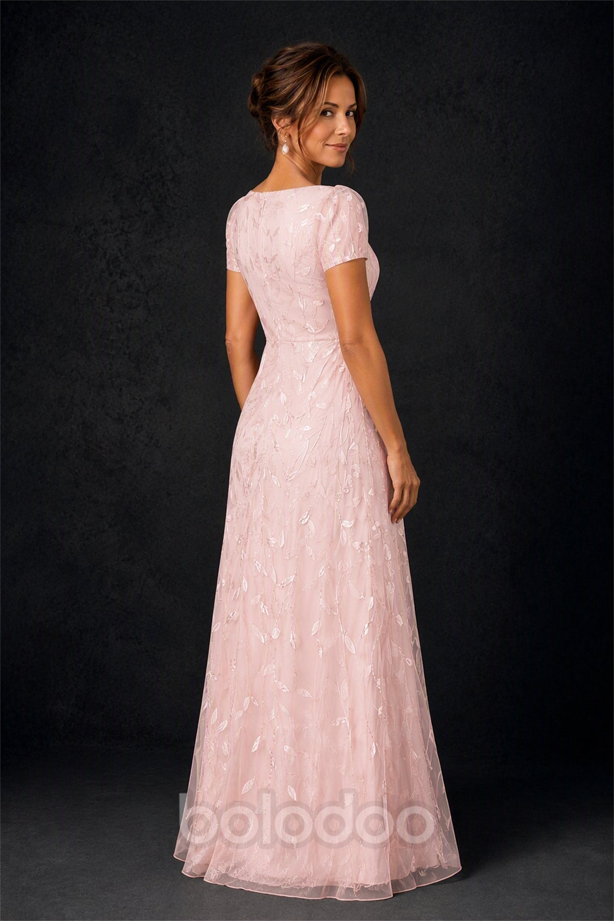 BOLODOO Blush Pink Leaf Embroidered A-Line Formal Gown with Cap Sleeves - Blush Pink | BOLODOO watermark