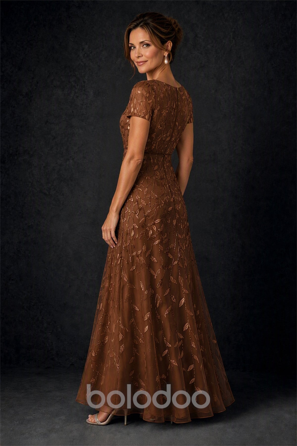 BOLODOO Brown Leaf Embroidered A-Line Formal Gown with Cap Sleeves - Brown | BOLODOO watermark