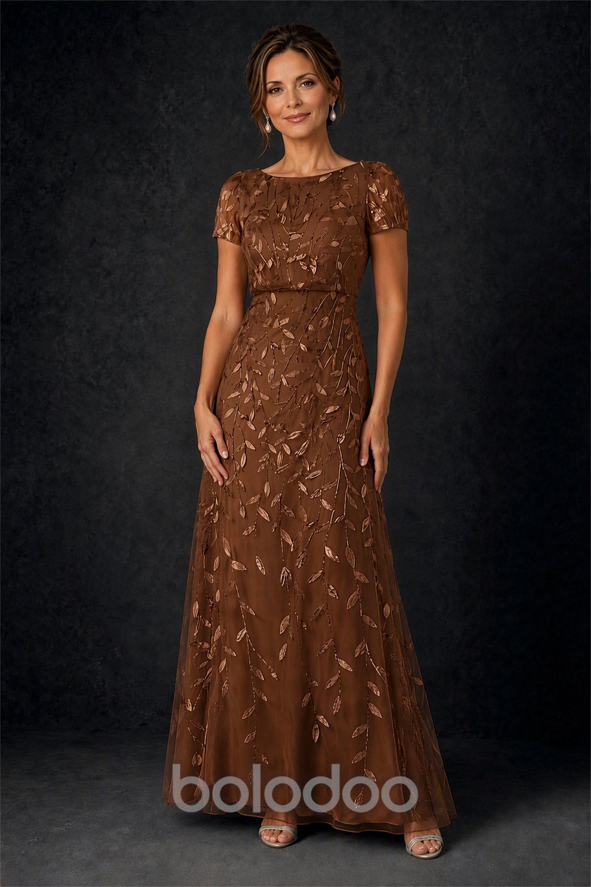 BOLODOO Brown Leaf Embroidered A-Line Formal Gown with Cap Sleeves - Brown | BOLODOO watermark