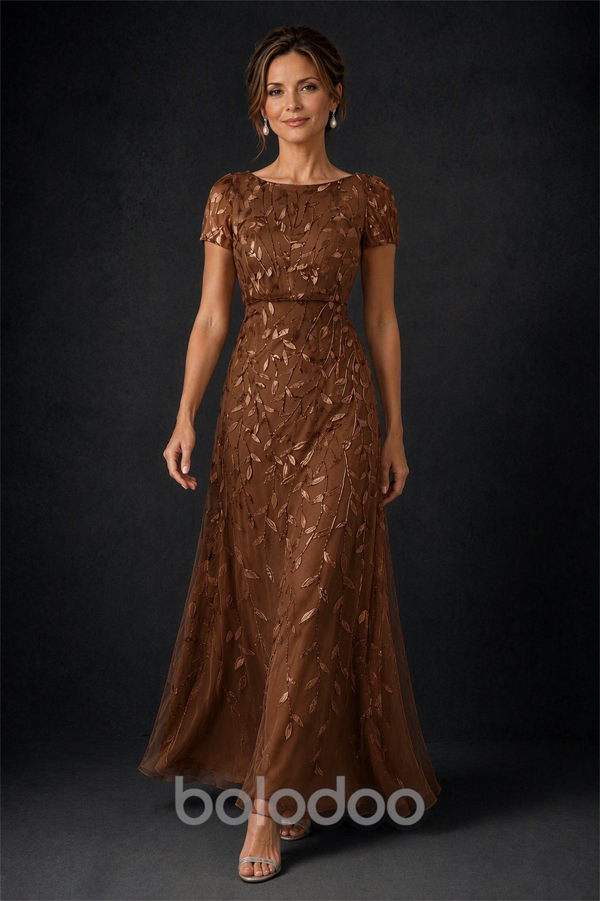 BOLODOO Brown Leaf Embroidered A-Line Formal Gown with Cap Sleeves - Brown | BOLODOO watermark