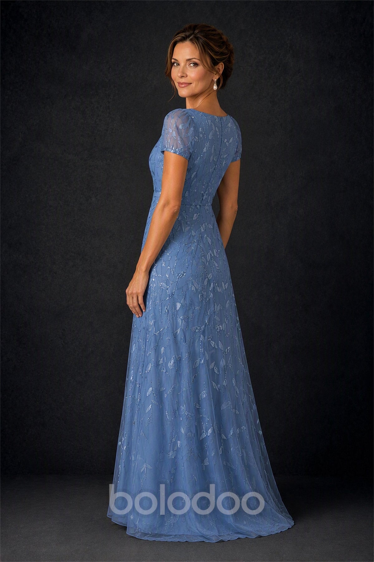 BOLODOO Dusty Blue Leaf Embroidered A-Line Formal Gown with Cap Sleeves - Dusty Blue | BOLODOO watermark