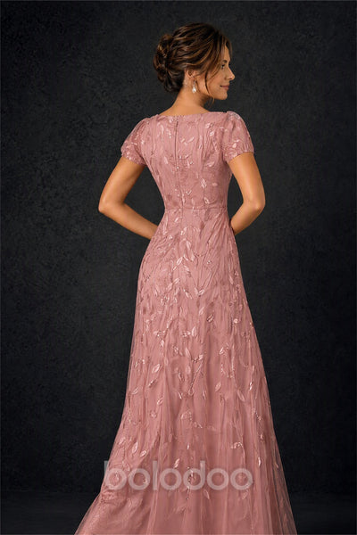 BOLODOO Dusty Rose Leaf Embroidered A-Line Formal Gown with Cap Sleeves - Dusty Rose | BOLODOO watermark