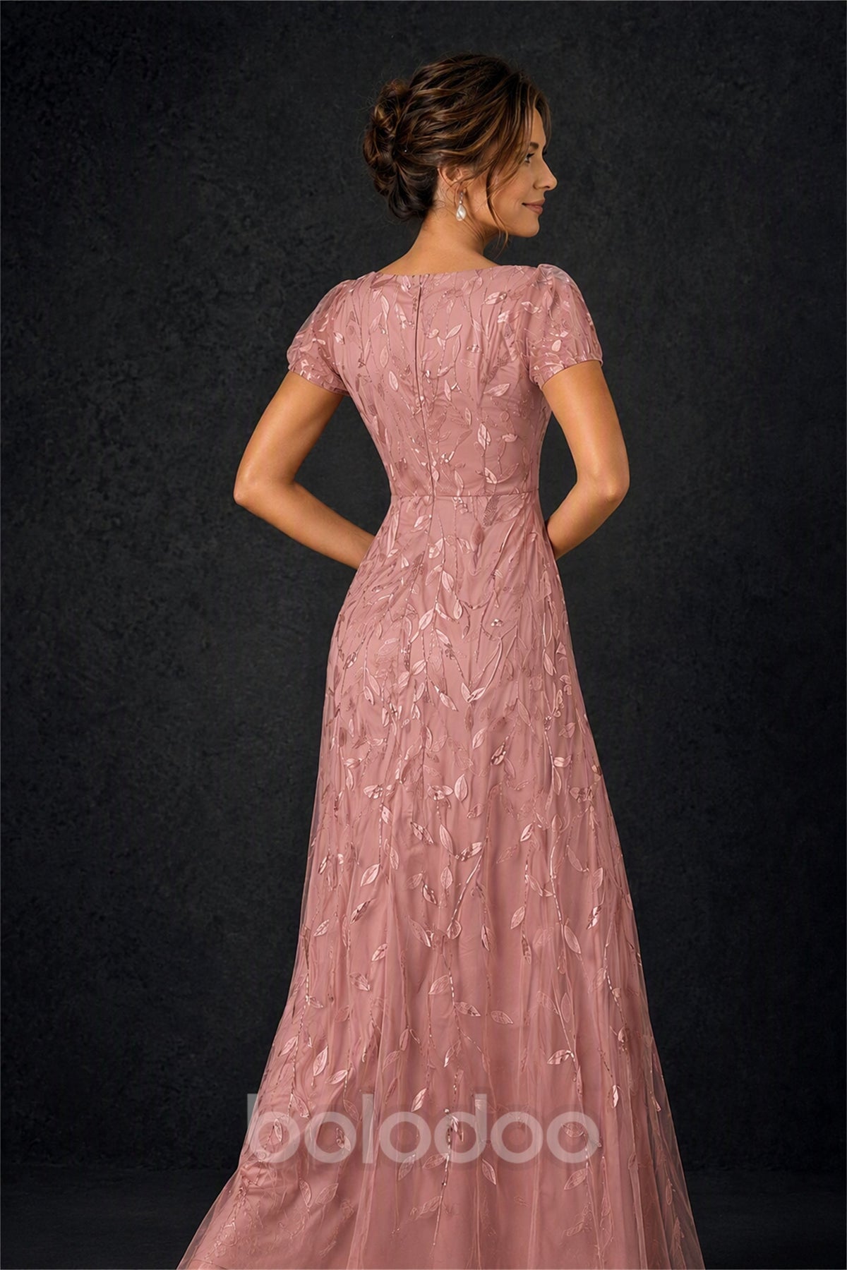 BOLODOO Dusty Rose Leaf Embroidered A-Line Formal Gown with Cap Sleeves - Dusty Rose | BOLODOO watermark