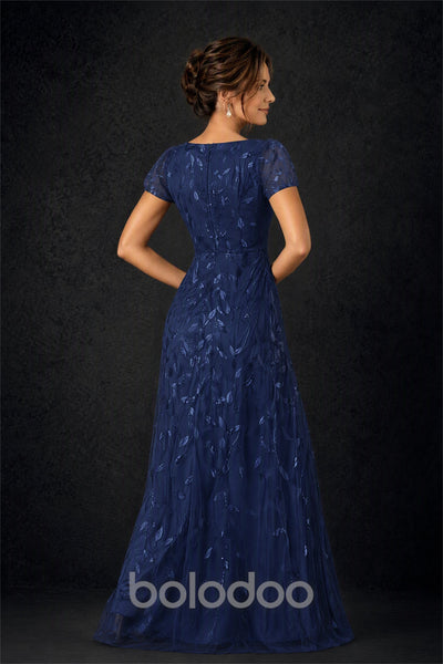 BOLODOO Navy Blue Leaf Embroidered A-Line Formal Gown with Cap Sleeves - Navy Blue | BOLODOO watermark