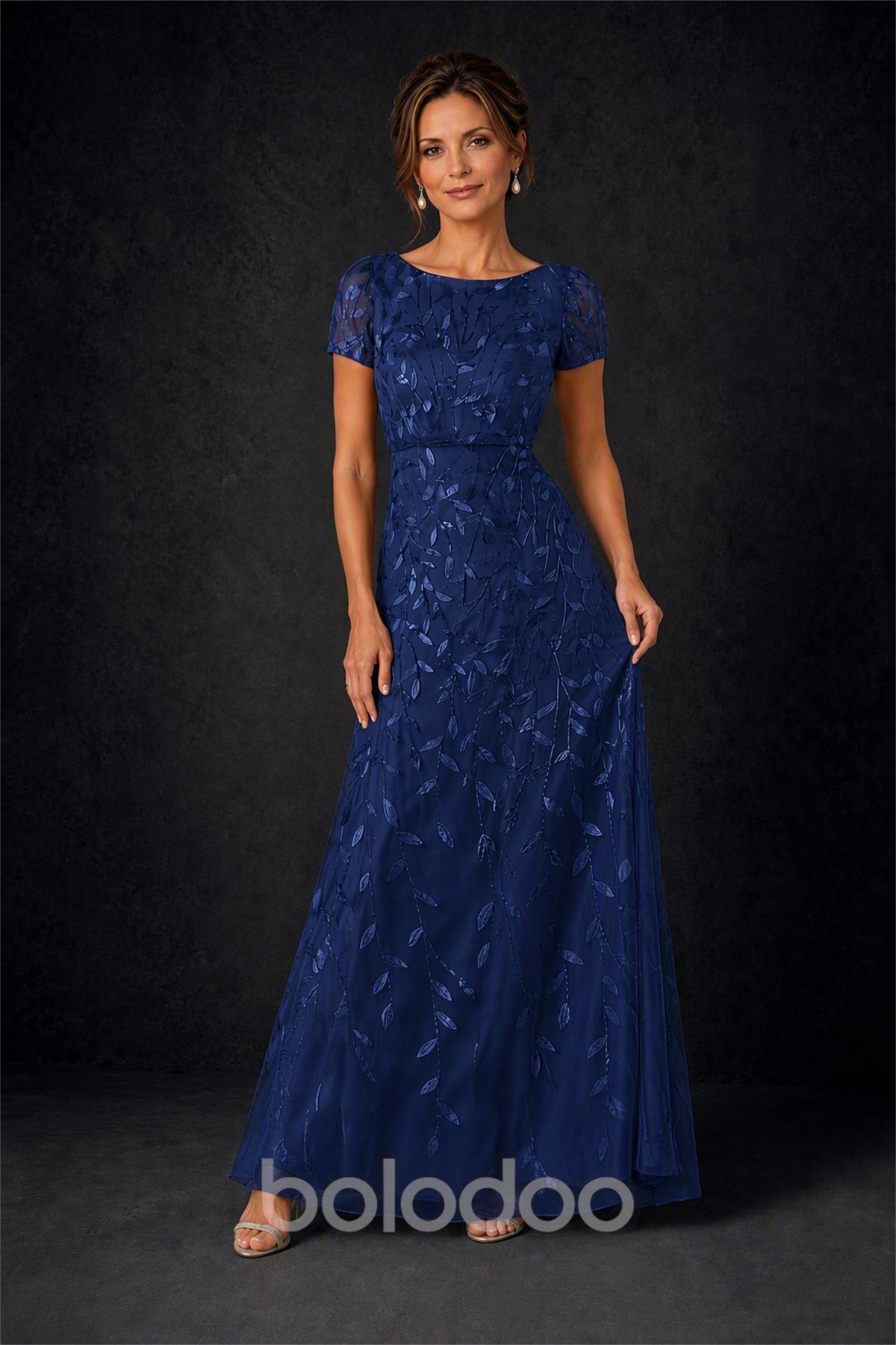 BOLODOO Navy Blue Leaf Embroidered A-Line Formal Gown with Cap Sleeves - Navy Blue | BOLODOO watermark
