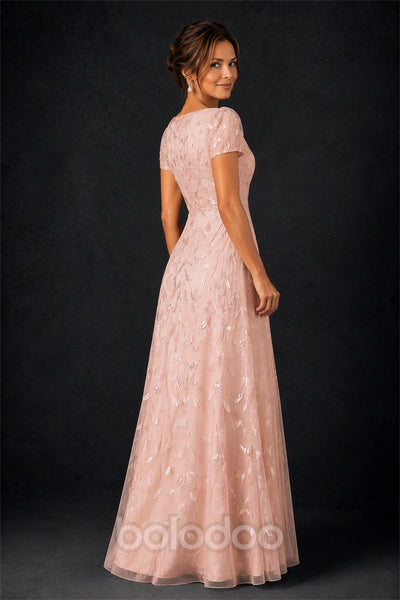 BOLODOO Rose Gold Leaf Embroidered A-Line Formal Gown with Cap Sleeves - Rose Gold | BOLODOO watermark