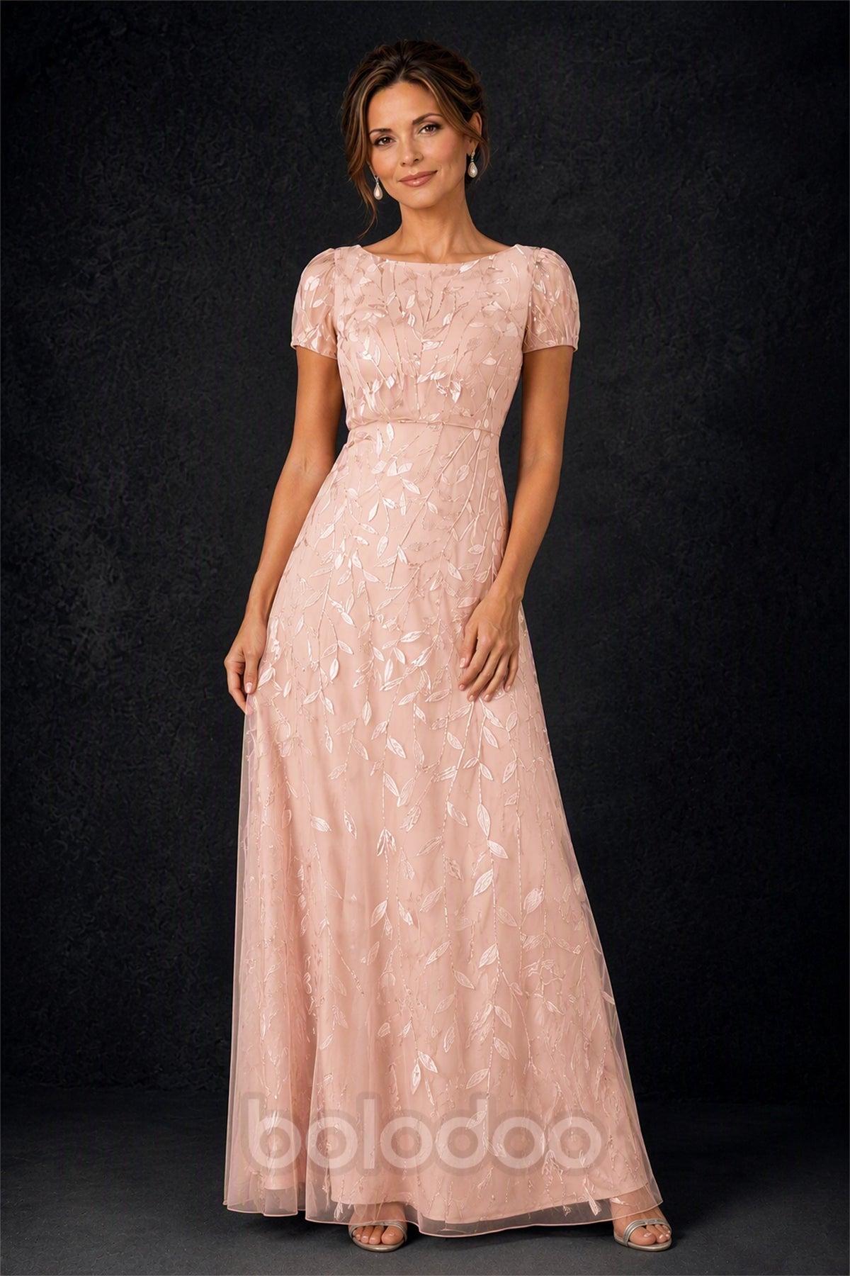 BOLODOO Rose Gold Leaf Embroidered A-Line Formal Gown with Cap Sleeves - Rose Gold | BOLODOO watermark