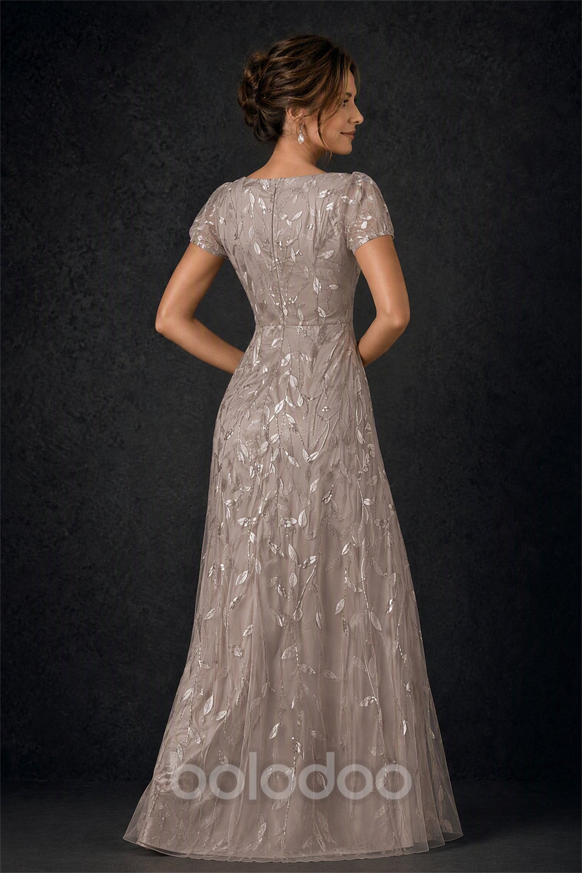 BOLODOO Taupe Leaf Embroidered A-Line Formal Gown with Cap Sleeves - Taupe | BOLODOO watermark