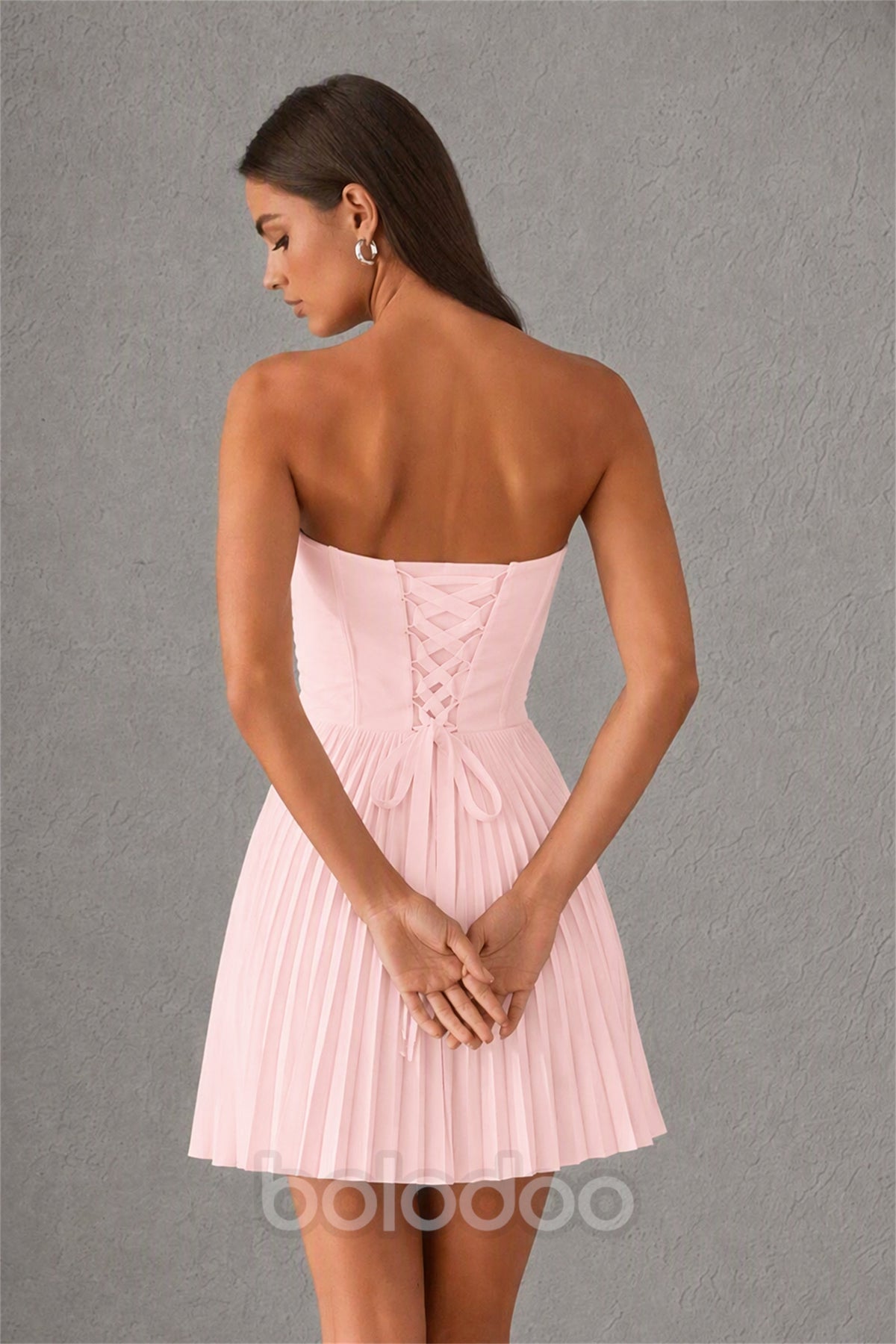 BOLODOO Blush Pink Strapless Sweetheart Pleated Corset Mini Dress with Lace-Up Back - Blush Pink | BOLODOO watermark