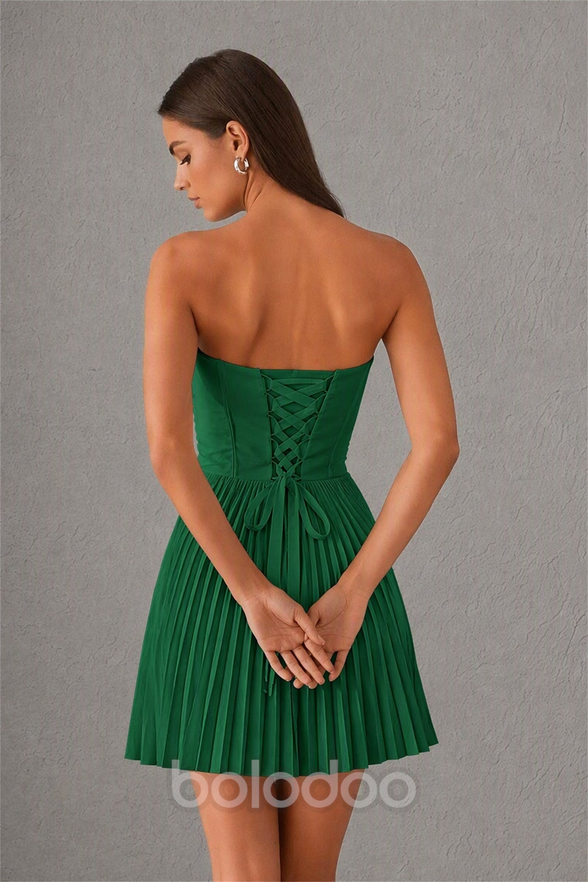 BOLODOO Emerald Green Strapless Sweetheart Pleated Corset Mini Dress with Lace-Up Back - Emerald Green | BOLODOO watermark