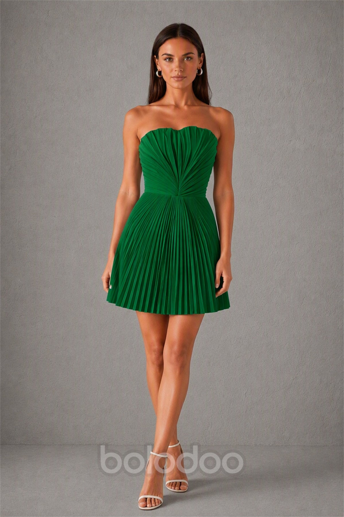 BOLODOO Emerald Green Strapless Sweetheart Pleated Corset Mini Dress with Lace-Up Back - Emerald Green | BOLODOO watermark