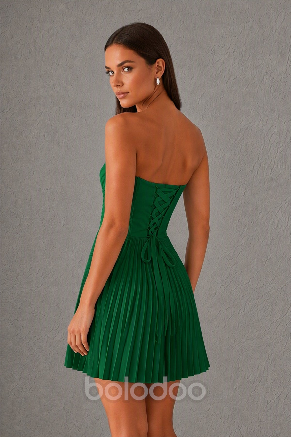 BOLODOO Emerald Green Strapless Sweetheart Pleated Corset Mini Dress with Lace-Up Back - Emerald Green | BOLODOO watermark