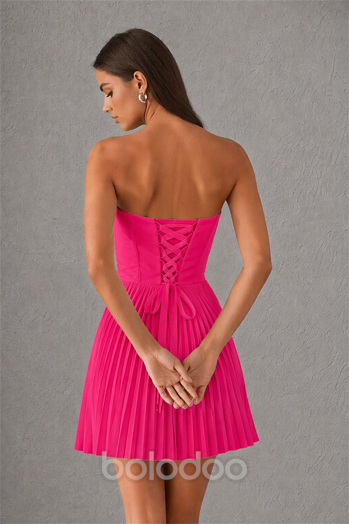BOLODOO Hot Pink Strapless Sweetheart Pleated Corset Mini Dress with Lace-Up Back - Hot Pink | BOLODOO watermark