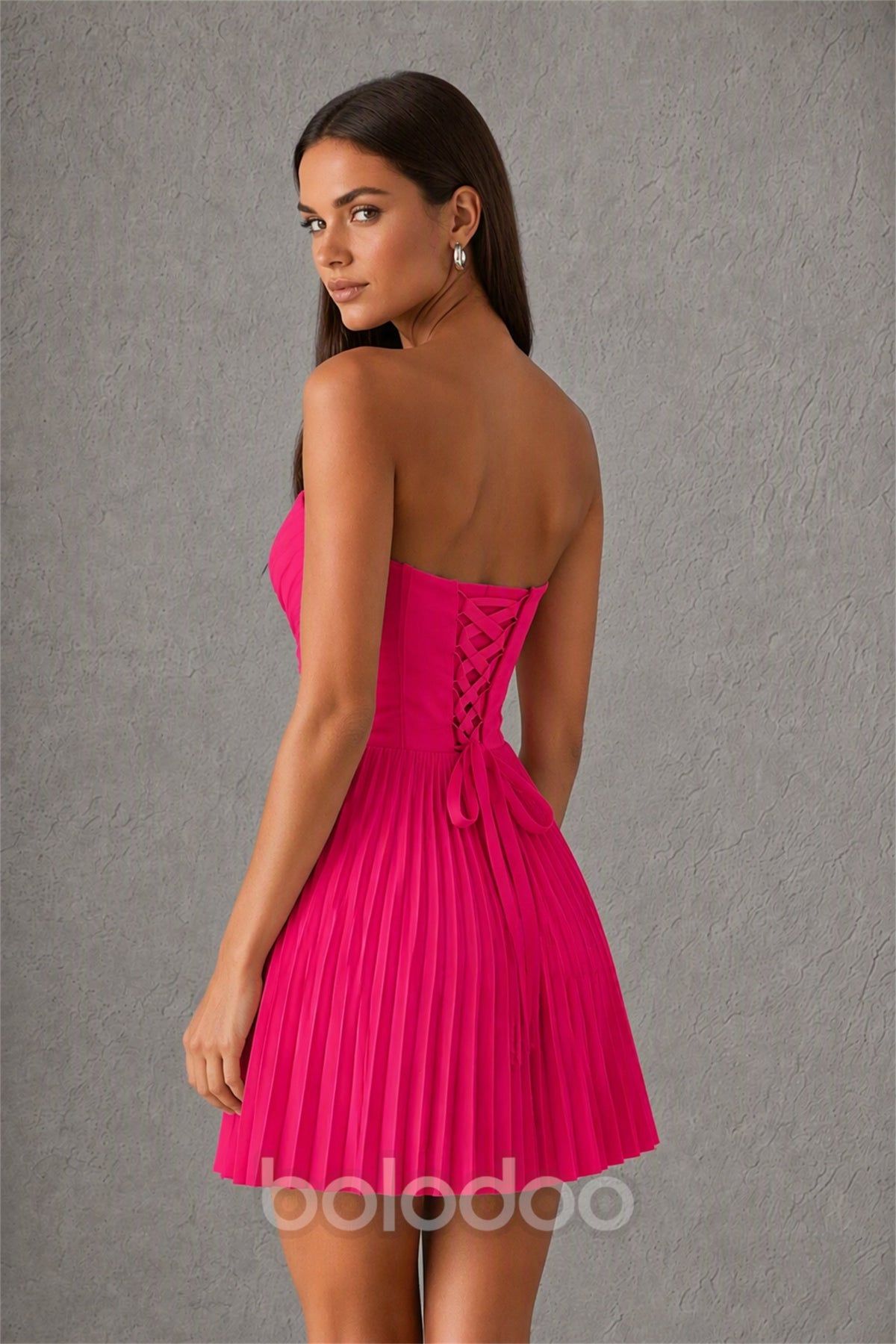 BOLODOO Hot Pink Strapless Sweetheart Pleated Corset Mini Dress with Lace-Up Back - Hot Pink | BOLODOO watermark