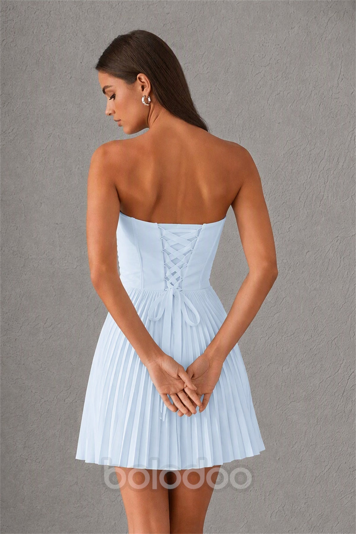 BOLODOO Light Blue Strapless Sweetheart Pleated Corset Mini Dress with Lace-Up Back - Light Blue | BOLODOO watermark