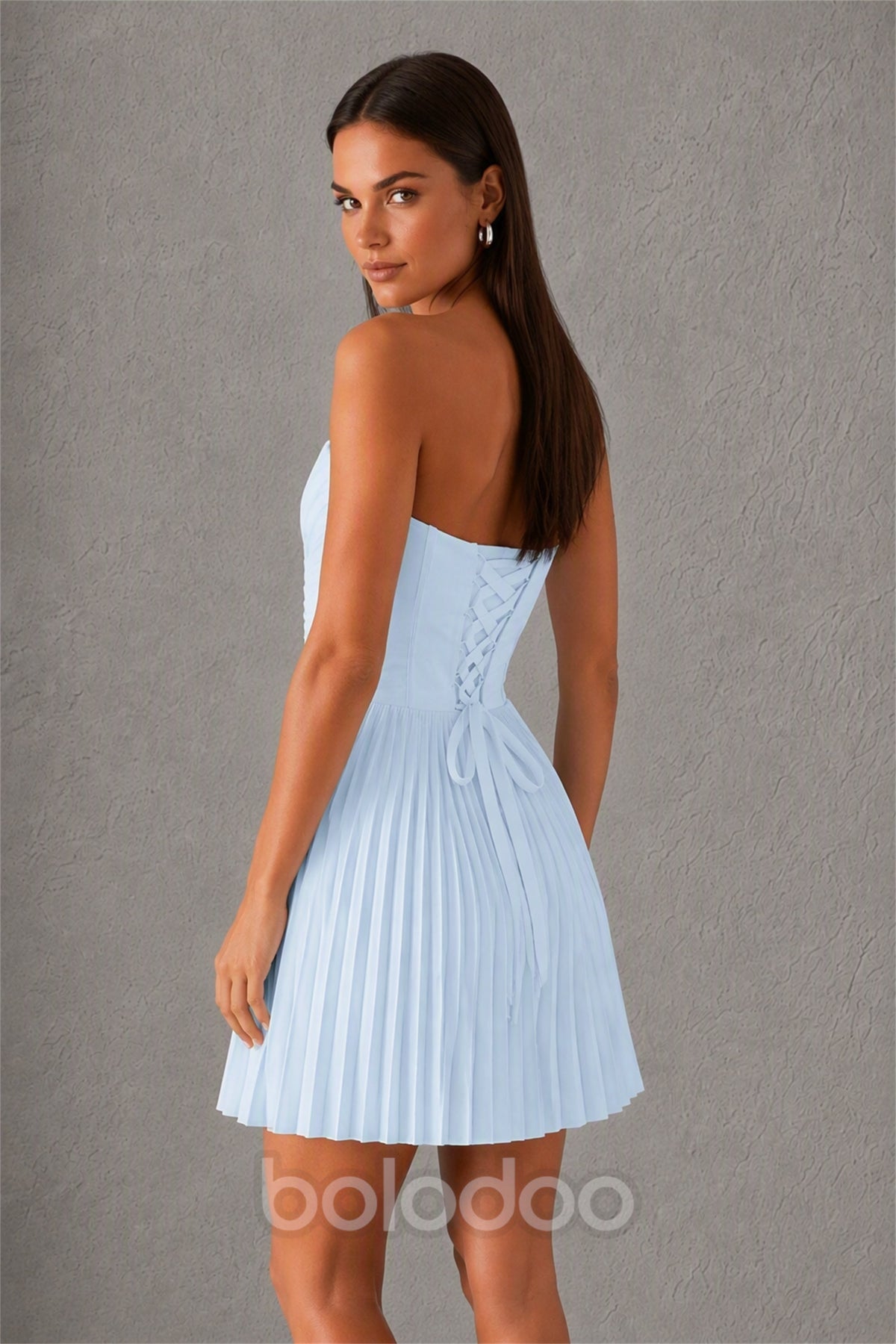 BOLODOO Light Blue Strapless Sweetheart Pleated Corset Mini Dress with Lace-Up Back - Light Blue | BOLODOO watermark