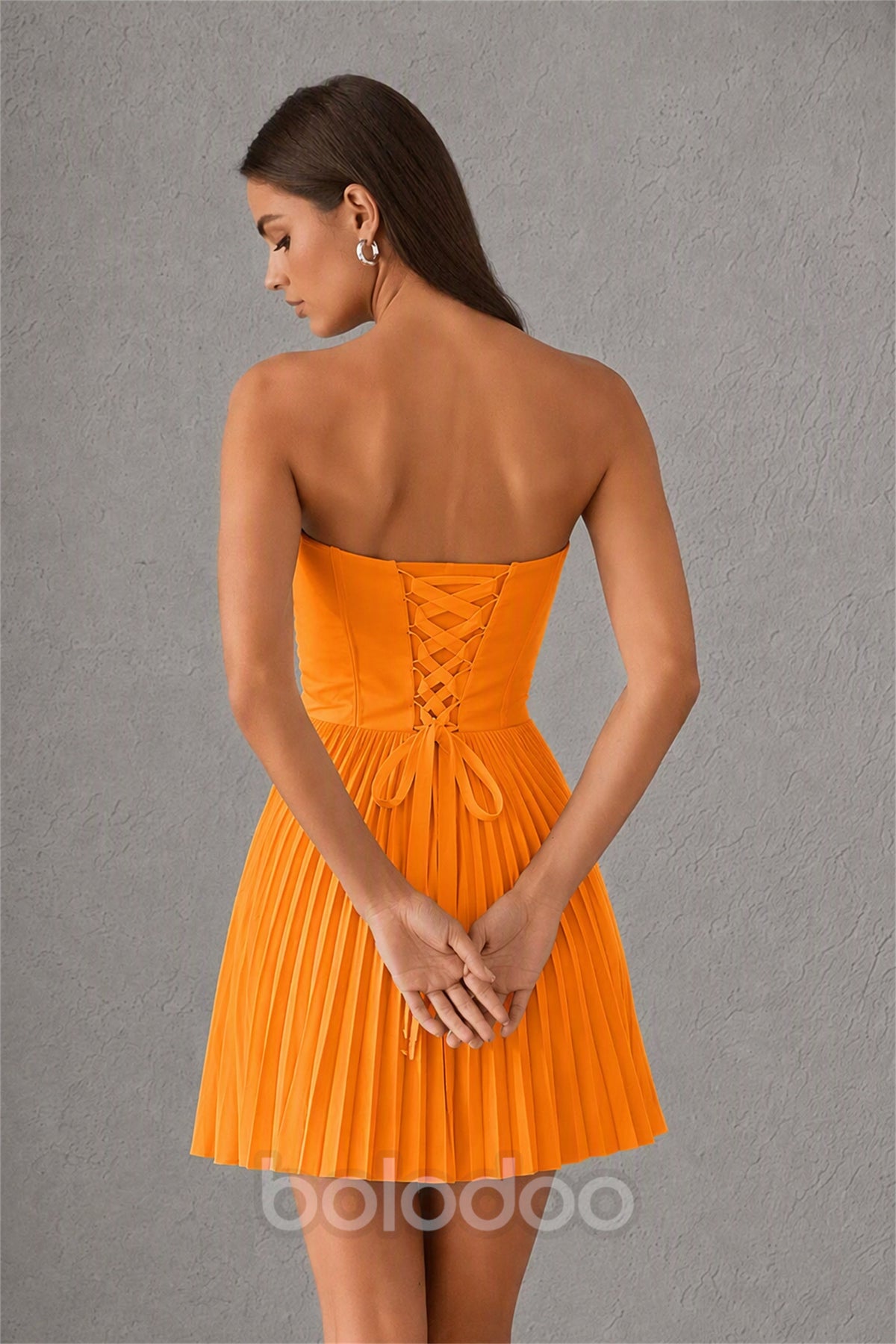 BOLODOO Orange Strapless Sweetheart Pleated Corset Mini Dress with Lace-Up Back - Orange | BOLODOO watermark