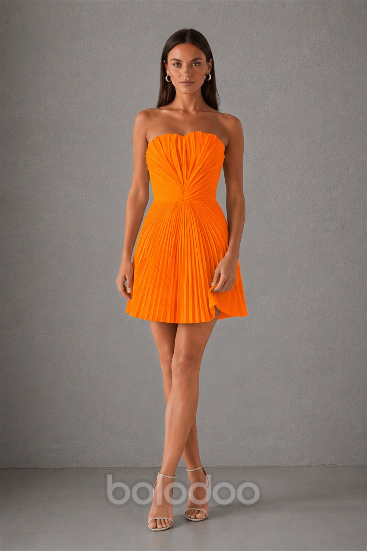 BOLODOO Orange Strapless Sweetheart Pleated Corset Mini Dress with Lace-Up Back - Orange | BOLODOO watermark