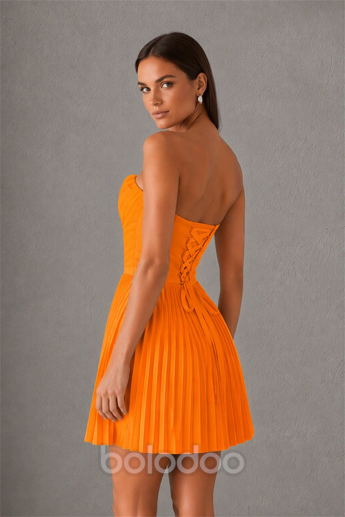 BOLODOO Orange Strapless Sweetheart Pleated Corset Mini Dress with Lace-Up Back - Orange | BOLODOO watermark