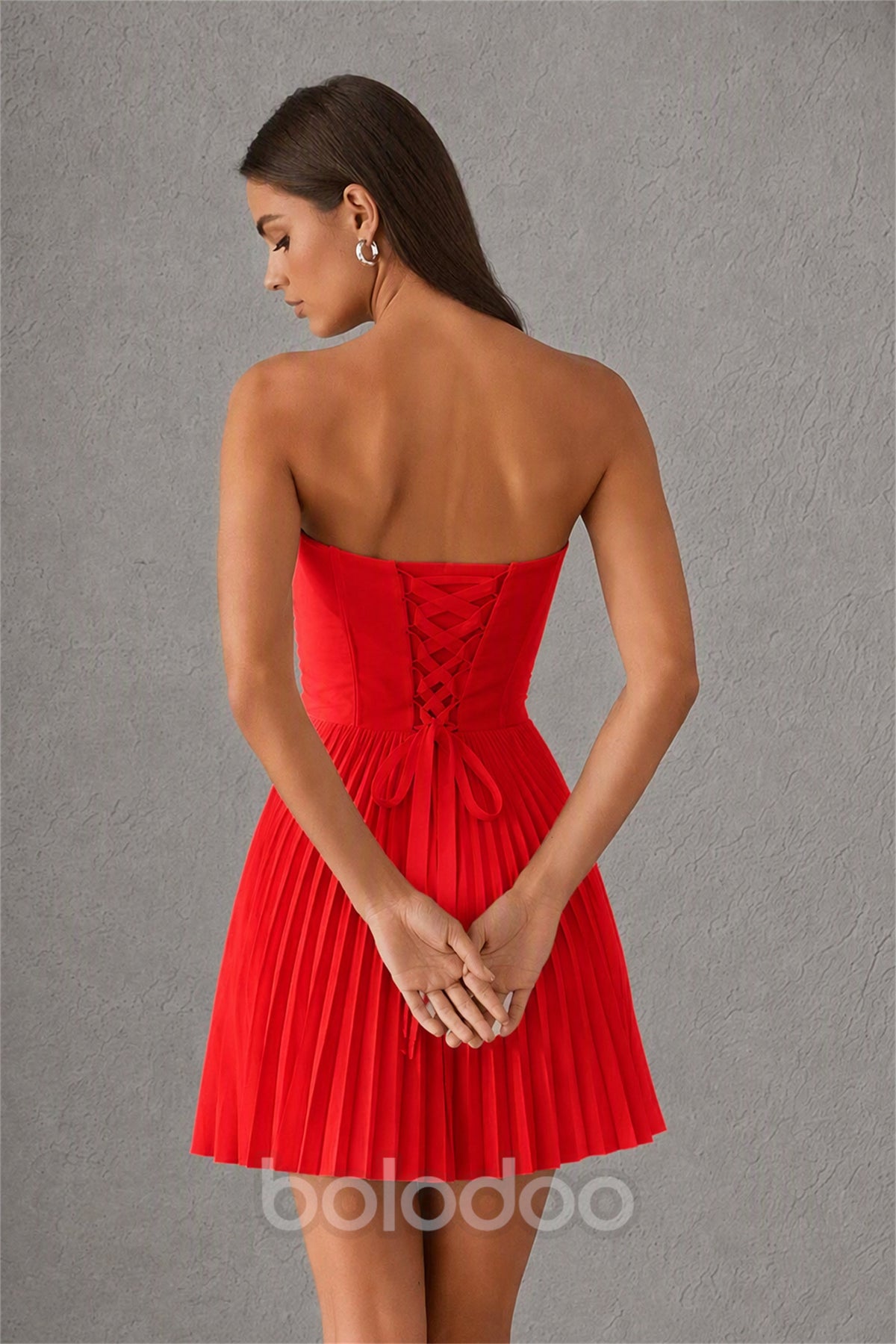 BOLODOO Red（1） Strapless Sweetheart Pleated Corset Mini Dress with Lace-Up Back - Red（1） | BOLODOO watermark