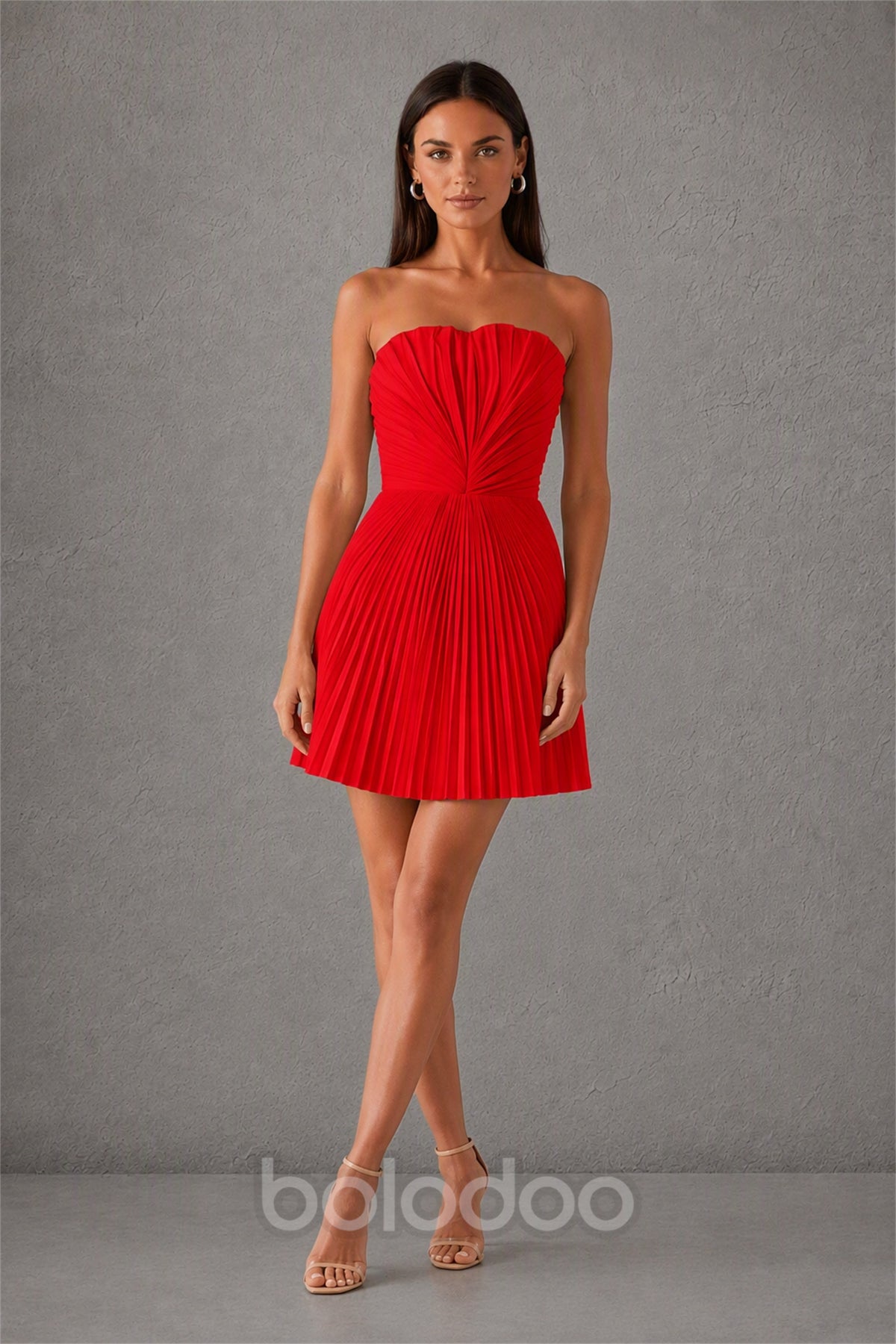 BOLODOO Red（1） Strapless Sweetheart Pleated Corset Mini Dress with Lace-Up Back - Red（1） | BOLODOO watermark