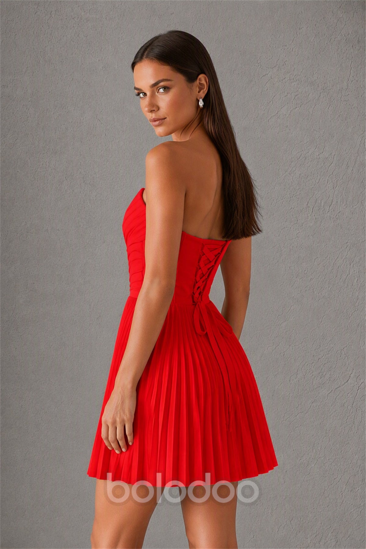 BOLODOO Red（1） Strapless Sweetheart Pleated Corset Mini Dress with Lace-Up Back - Red（1） | BOLODOO watermark