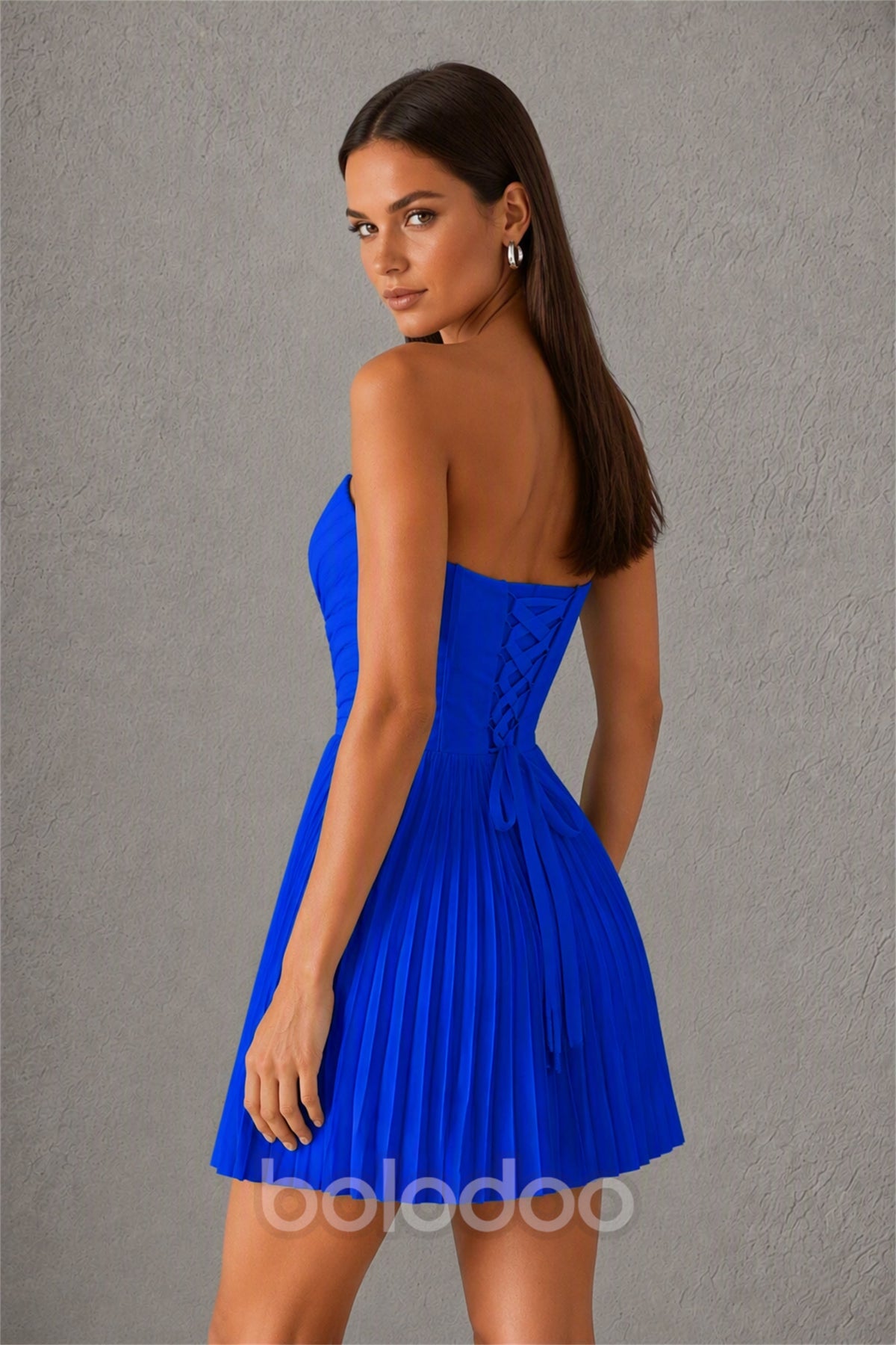 BOLODOO Royal Blue（1） Strapless Sweetheart Pleated Corset Mini Dress with Lace-Up Back - Royal Blue（1） | BOLODOO watermark
