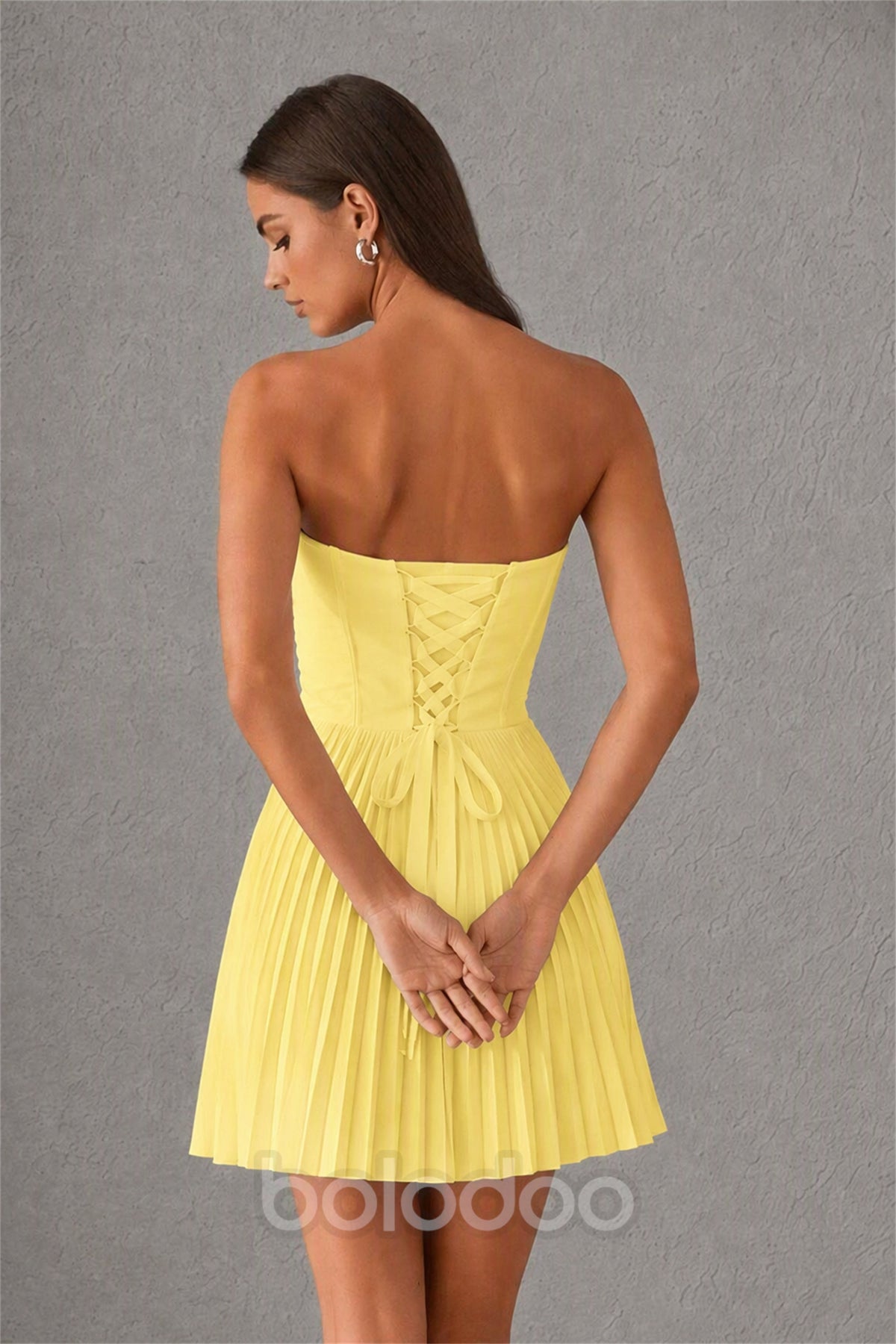 BOLODOO Yellow Strapless Sweetheart Pleated Corset Mini Dress with Lace-Up Back - Yellow | BOLODOO watermark