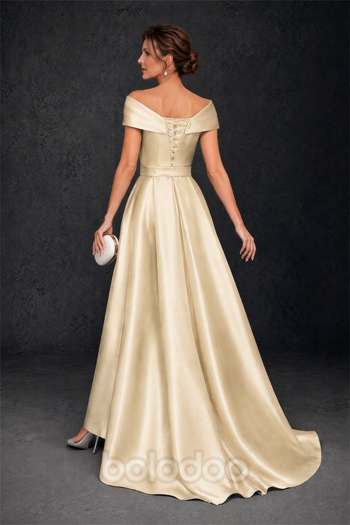 BOLODOO Steel Champagne Off-Shoulder Satin Sequin Lace Mermaid Gown with Detachable Overskirt - Champagne | BOLODOO watermark