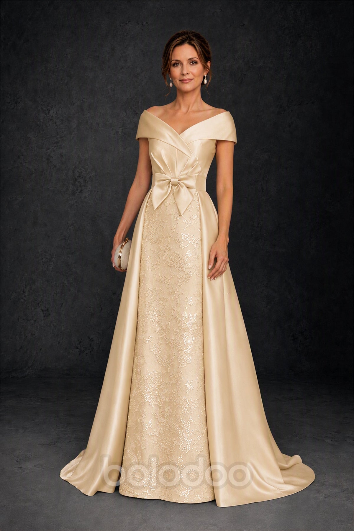 BOLODOO Steel Champagne Off-Shoulder Satin Sequin Lace Mermaid Gown with Detachable Overskirt - Champagne | BOLODOO watermark
