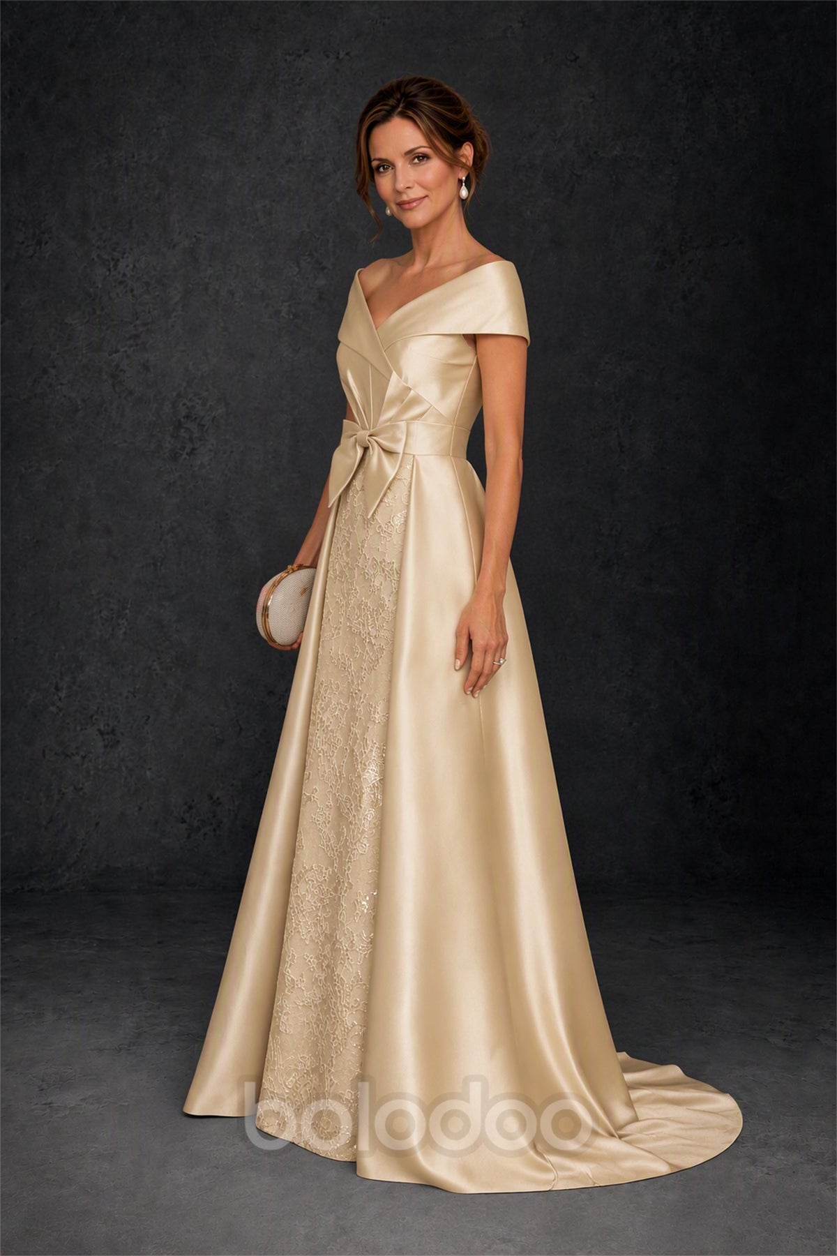 BOLODOO Steel Champagne Off-Shoulder Satin Sequin Lace Mermaid Gown with Detachable Overskirt - Champagne | BOLODOO watermark