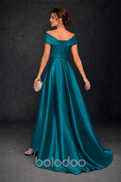 BOLODOO Steel Peacock Off-Shoulder Satin Sequin Lace Mermaid Gown with Detachable Overskirt - Peacock | BOLODOO watermark