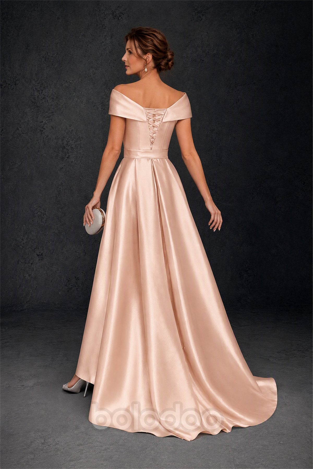 BOLODOO Steel Rose Gold Off-Shoulder Satin Sequin Lace Mermaid Gown with Detachable Overskirt - Rose Gold | BOLODOO watermark