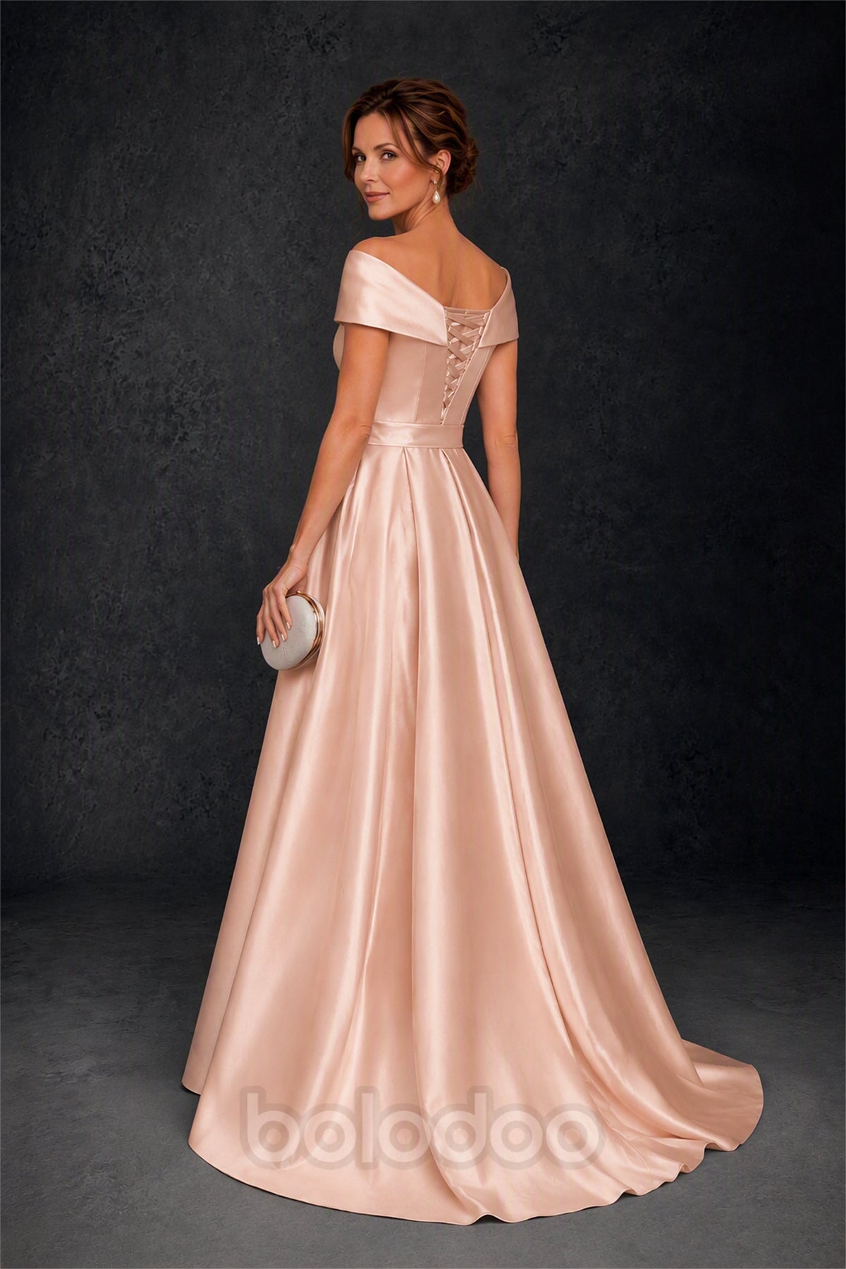 BOLODOO Steel Rose Gold Off-Shoulder Satin Sequin Lace Mermaid Gown with Detachable Overskirt - Rose Gold | BOLODOO watermark