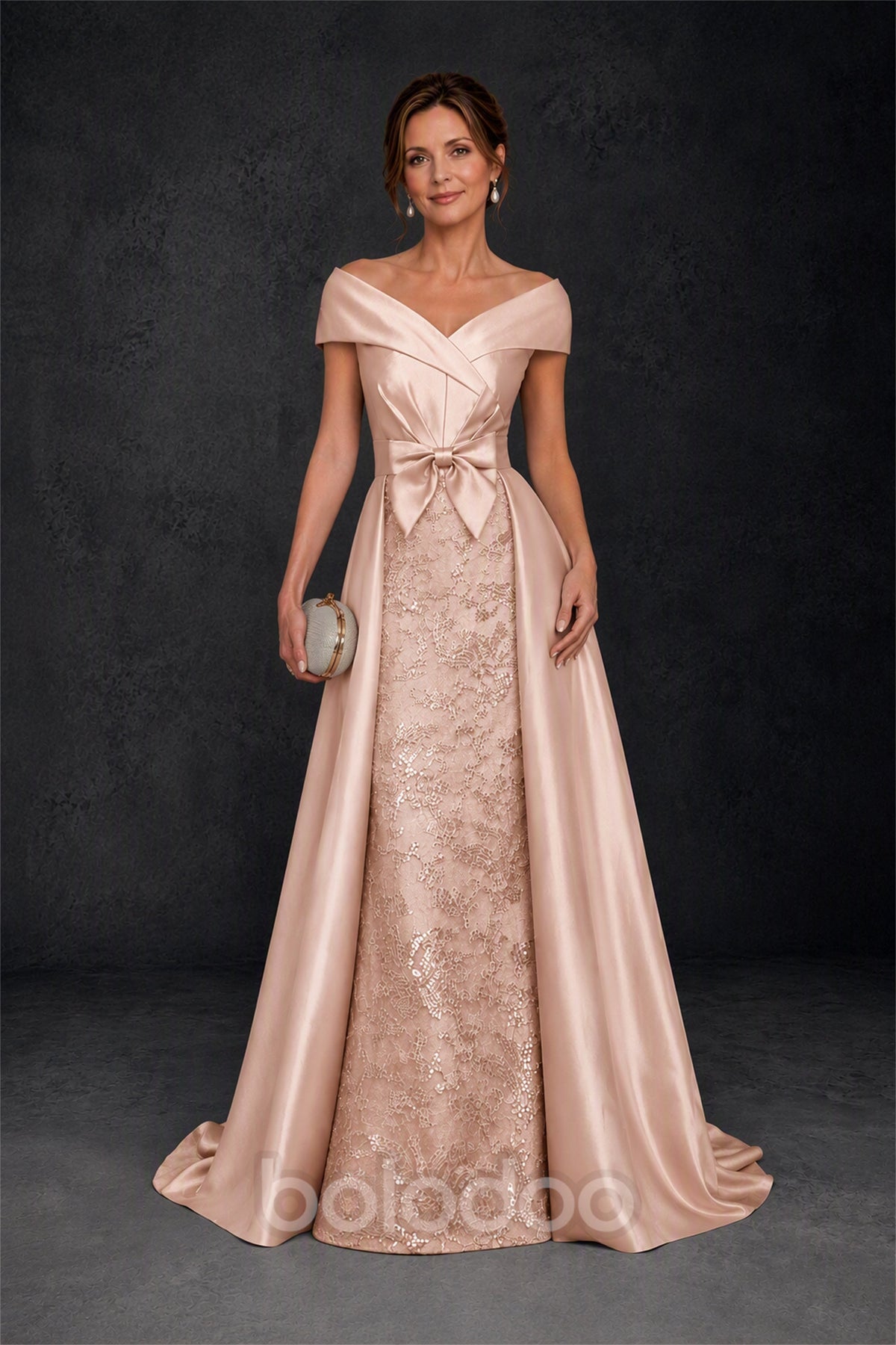 BOLODOO Steel Rose Gold Off-Shoulder Satin Sequin Lace Mermaid Gown with Detachable Overskirt - Rose Gold | BOLODOO watermark
