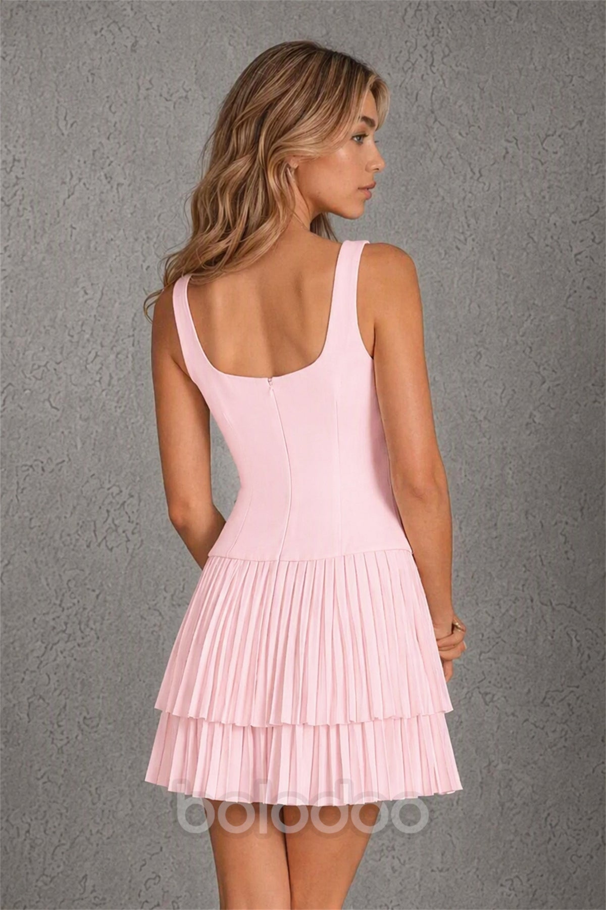 BOLODOO Blush Pink Knit Square Neck Wide Strap Corset Bodice Tiered Pleated Mini Dress with Low Back - Blush Pink | BOLODOO watermark