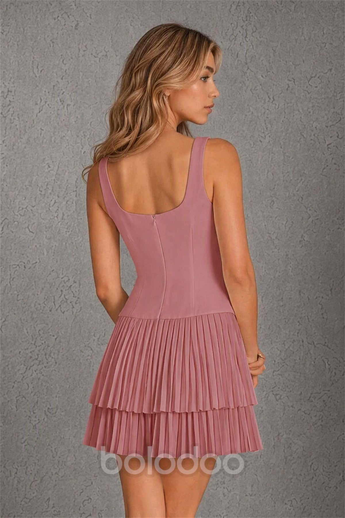 BOLODOO Dusty Rose Knit Square Neck Wide Strap Corset Bodice Tiered Pleated Mini Dress with Low Back - Dusty Rose | BOLODOO watermark