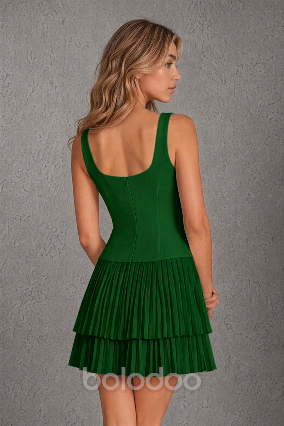 BOLODOO Emerald Green Knit Square Neck Wide Strap Corset Bodice Tiered Pleated Mini Dress with Low Back - Emerald Green | BOLODOO watermark