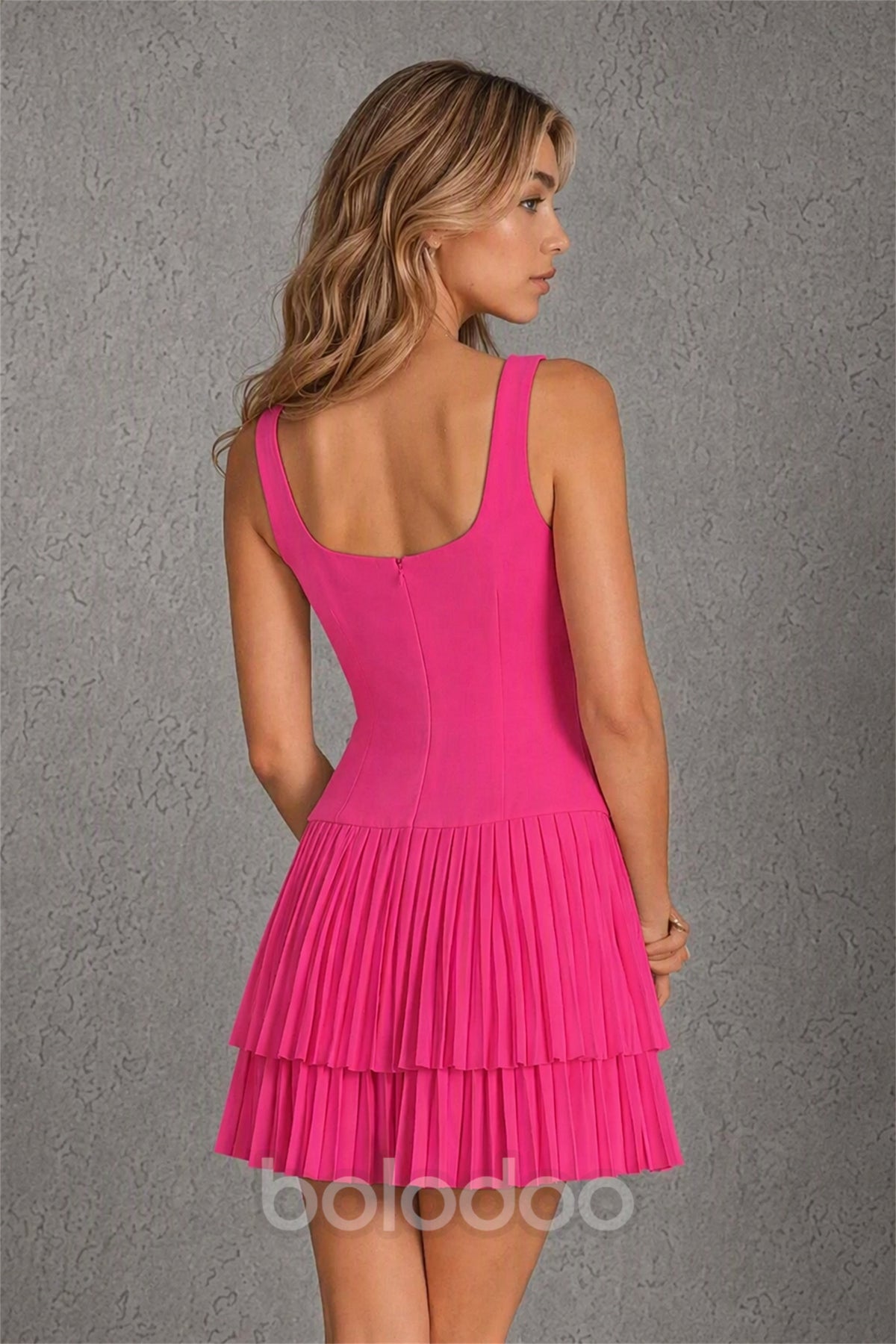 BOLODOO Hot Pink Knit Square Neck Wide Strap Corset Bodice Tiered Pleated Mini Dress with Low Back - Hot Pink | BOLODOO watermark