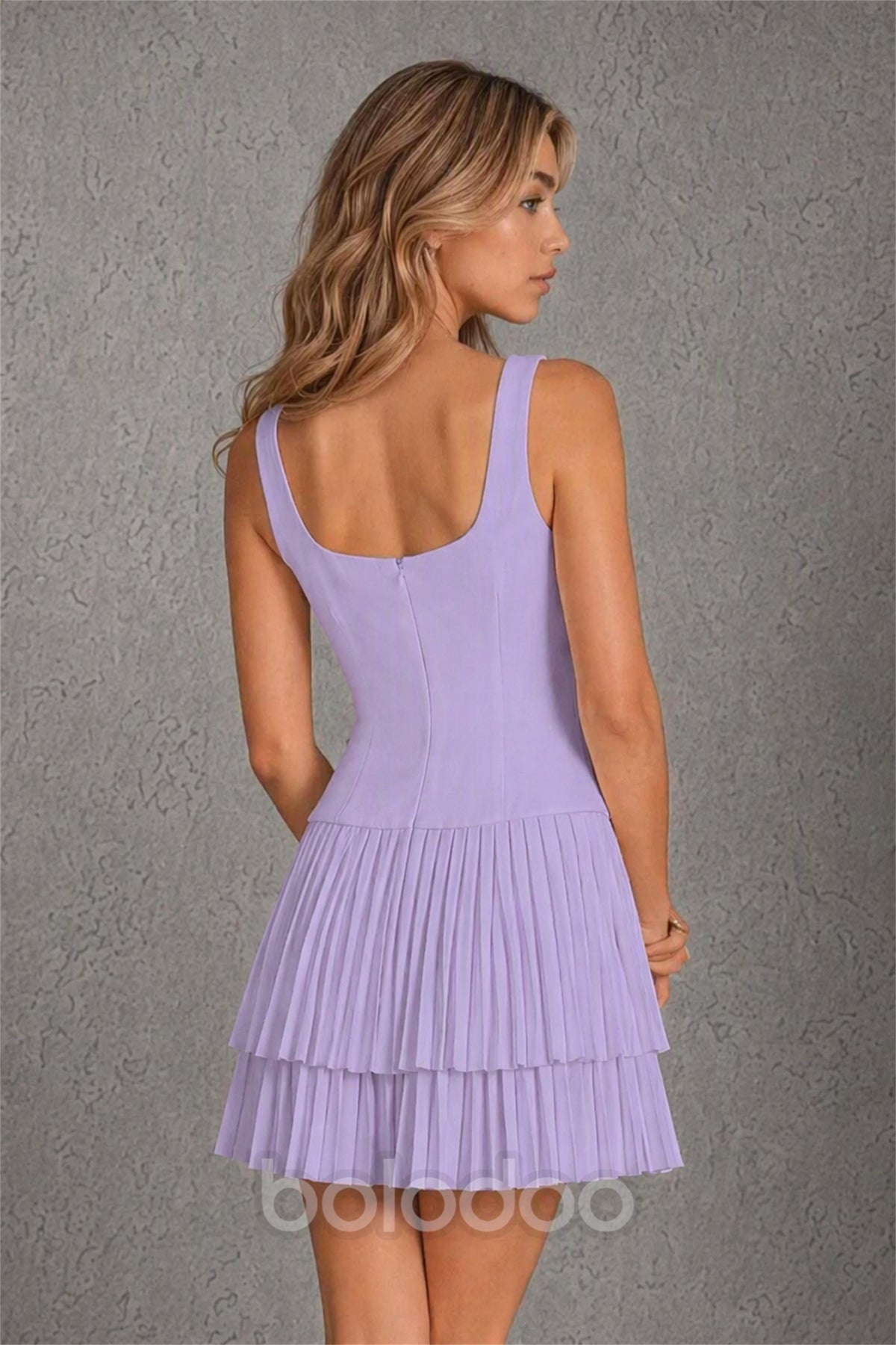 BOLODOO Lavender Knit Square Neck Wide Strap Corset Bodice Tiered Pleated Mini Dress with Low Back - Lavender | BOLODOO watermark